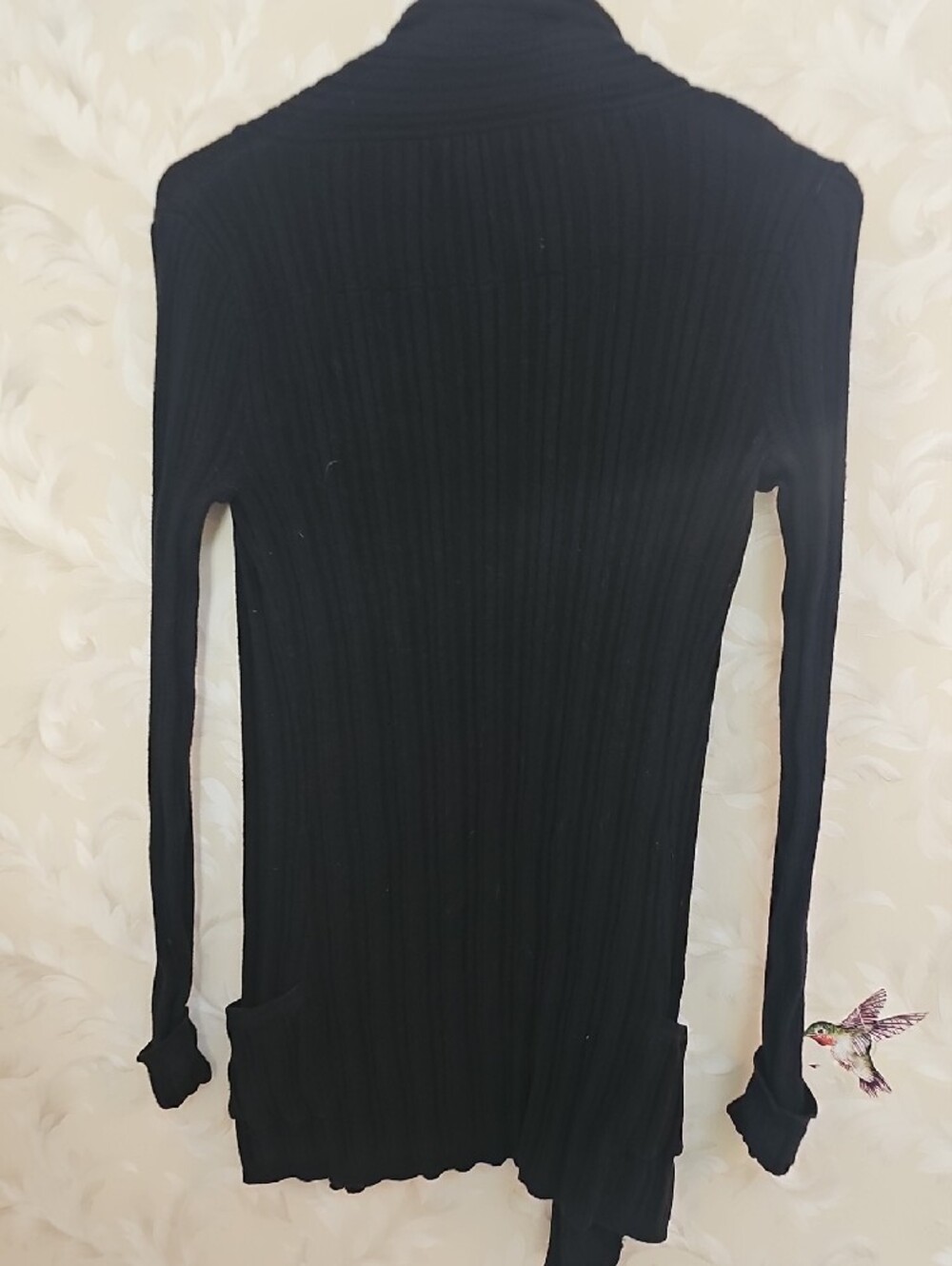 Long Black Ribbed Open-Front Cardigan with Pockets - Picture 2 of 3